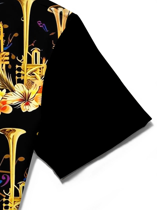 Adaychic Men's Hawaiian Brass Instruments Print Short Sleeve Shirt with Chest Pocket