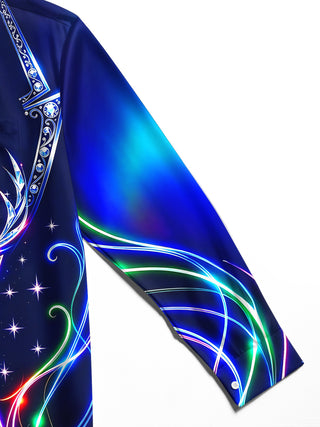 Adaychic Men's Long Sleeve Shirt - Neon Crystal Reindeer And Christmas Ornaments Print with Chest Pocket