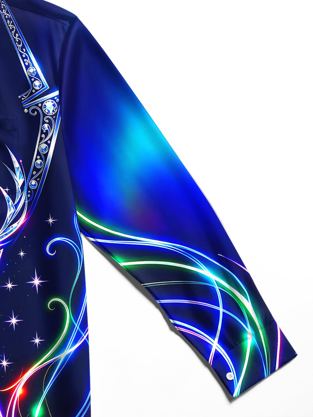 Adaychic Men's Long Sleeve Shirt - Neon Crystal Reindeer And Christmas Ornaments Print with Chest Pocket