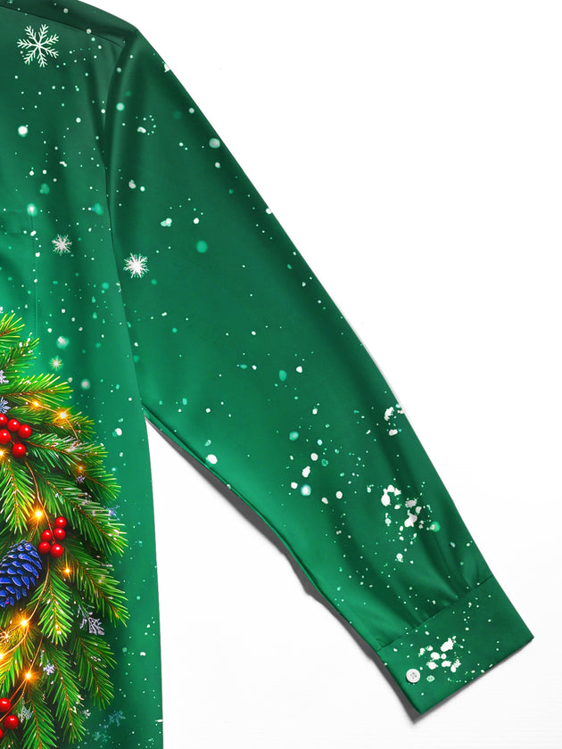 Adaychic Men's Christmas Wreath With Golden Tree Print Long Sleeve Shirt with Chest Pocket