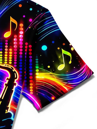 Adaychic Men's Neon Saxophone Player And Music Notes Print Short Sleeve Shirt with Chest Pocket