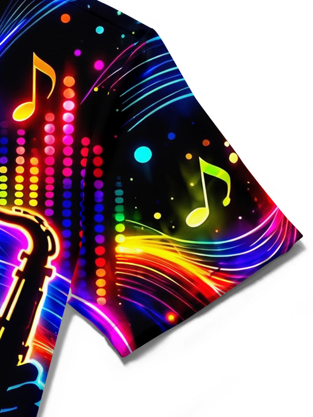 Adaychic Men's Neon Saxophone Player And Music Notes Print Short Sleeve Shirt with Chest Pocket