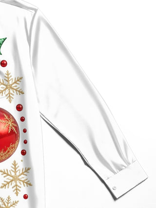 Adaychic Men's Christmas Ornaments And Snowflakes Print Long Sleeve Shirt with Chest Pocket