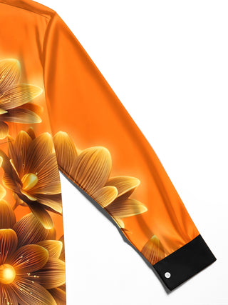Adaychic Men's Hawaiian Glowing Golden Floral Pattern Long Sleeve Shirt with Chest Pocket
