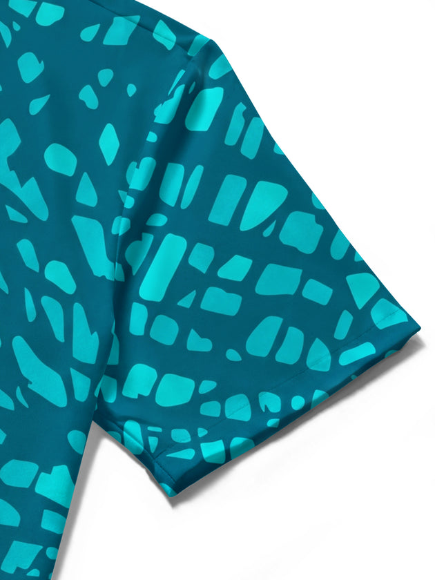 Adaychic Men's Teal Geometric Mosaic Print Short Sleeve Button Down Shirt with Chest Pocket
