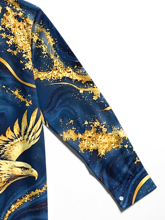 Adaychic Men's Graphic Abstract Golden Eagle Print Long Sleeve Shirt with Chest Pocket