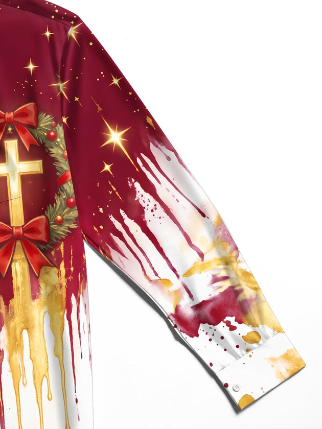 Adaychic Men's Angel And Christmas Wreath With Cross Print Long Sleeve Shirt with Chest Pocket