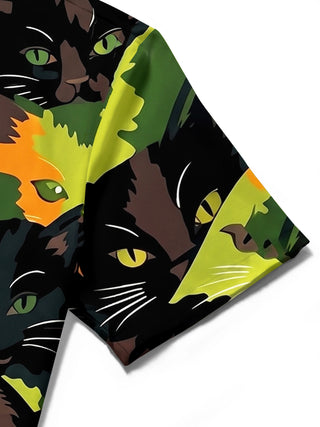 Adaychic Men's Hawaiian Cat Faces Print Camouflage Pattern Short Sleeve Shirt with Chest Pocket