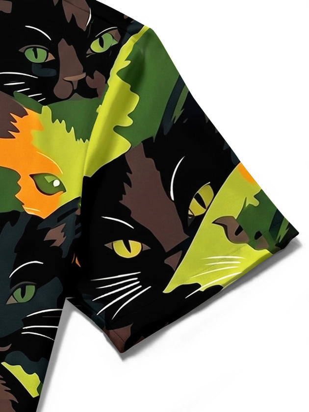 Adaychic Men's Hawaiian Cat Faces Print Camouflage Pattern Short Sleeve Shirt with Chest Pocket