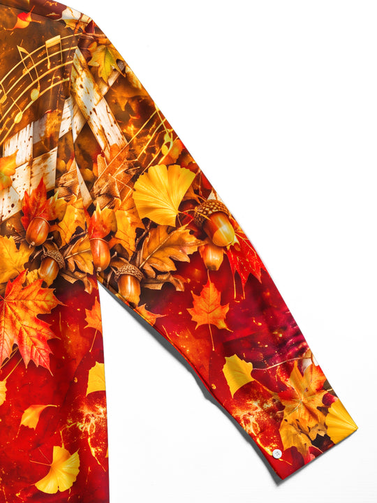 Adaychic Men's Printed Autumn Maple Leaves And Acorns Print Long Sleeve Shirt with Chest Pocket
