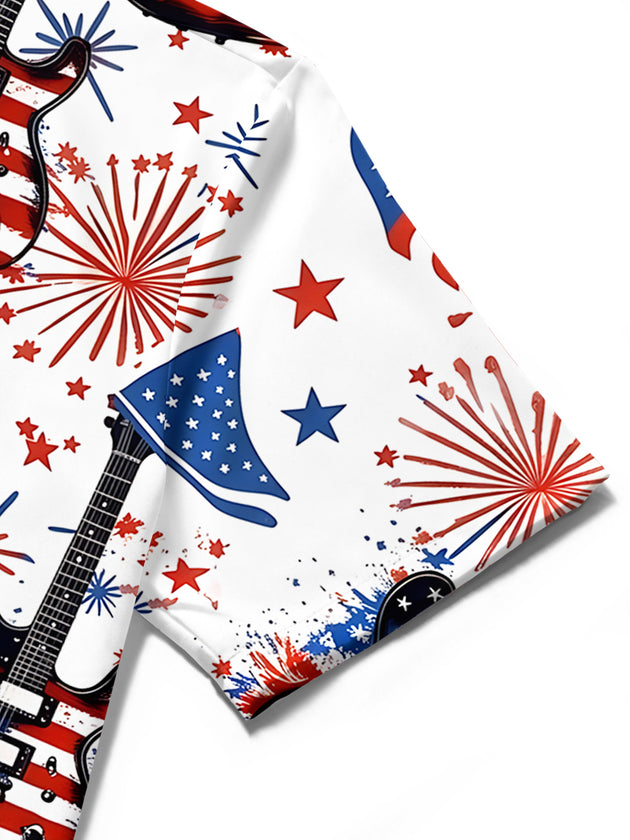 American Flag Guitar Fireworks Men's Pocket Short Sleeve Shirts