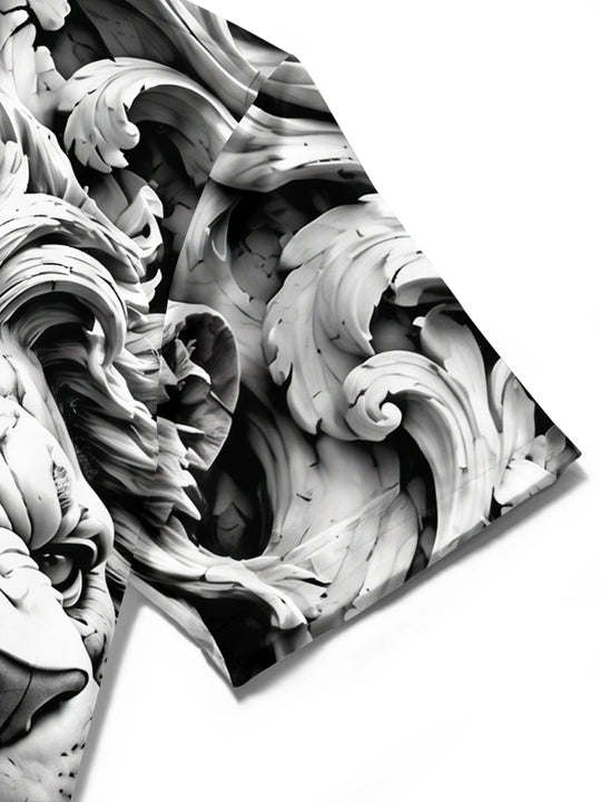Adaychic Men's Graphic 3D Carved Lion Head Print Short Sleeve Shirt with Chest Pocket