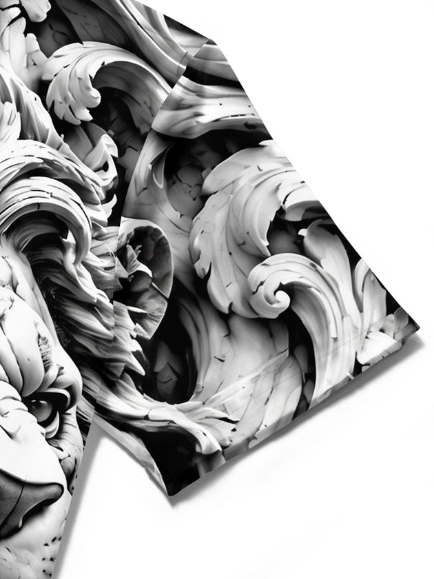 Adaychic Men's Graphic 3D Carved Lion Head Print Short Sleeve Shirt with Chest Pocket