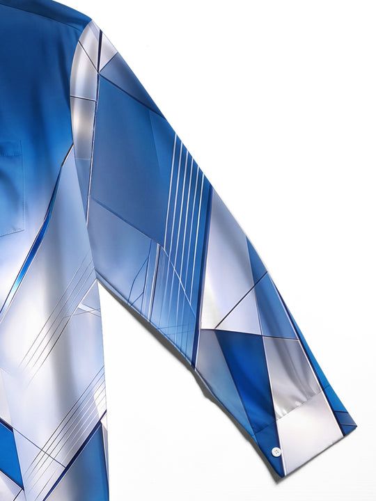 Adaychic Men's Long Sleeve Shirt - Blue And Silver Metallic Geometric Facets Print with Chest Pocket