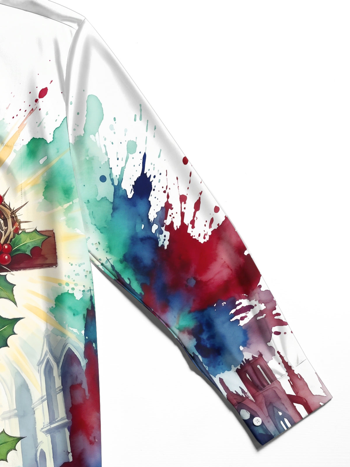 Adaychic Men's Long Sleeve Shirt - Christmas Religious Cross With Crown Of Thorns And Holly Print with Chest Pocket
