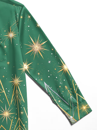Adaychic Men's Long Sleeve Shirt - Color Block Christmas Trees And Golden Stars Print with Chest Pocket