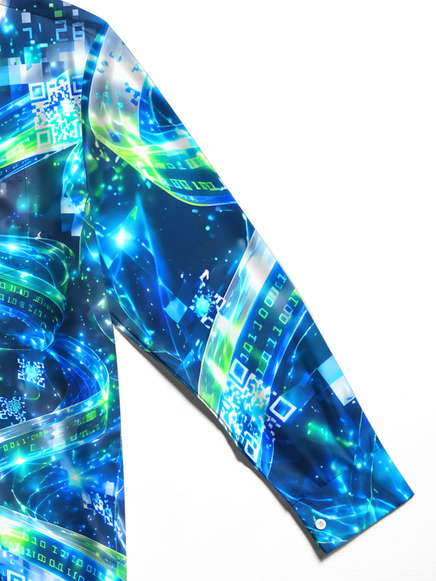 Adaychic Men's Abstract Digital Code And QR Codes Print Long Sleeve Shirt with Chest Pocket