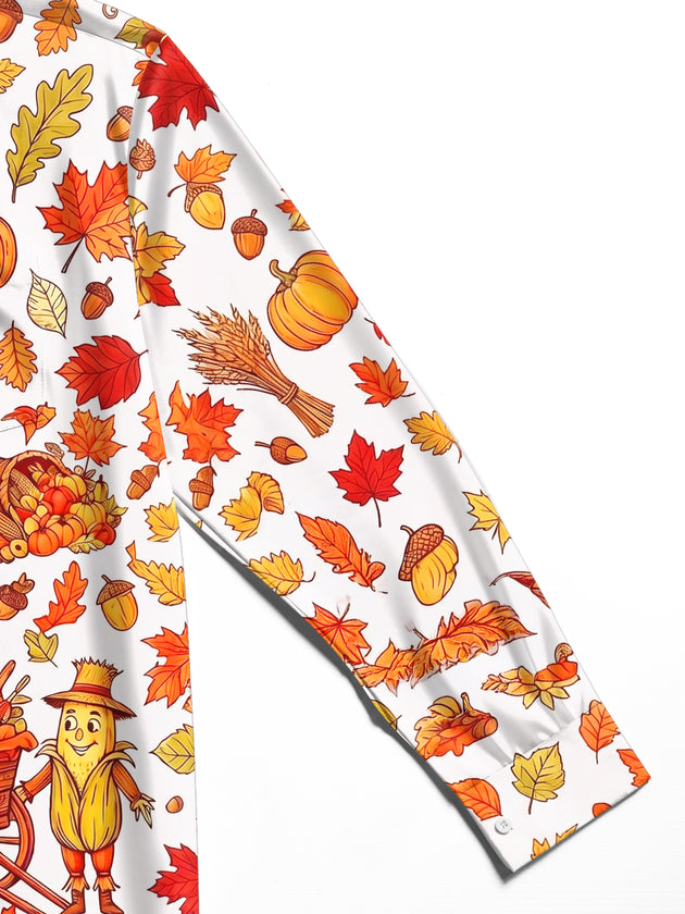 Adaychic Men's Long Sleeve Shirt - Thanksgiving Cornucopia And Harvest Cartoons Print with Chest Pocket