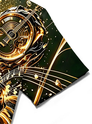 Adaychic Black Gold Music Clock Men's Short Sleeve Shirt with Chest Pocket
