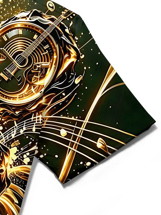 Adaychic Black Gold Music Clock Men's Short Sleeve Shirt with Chest Pocket