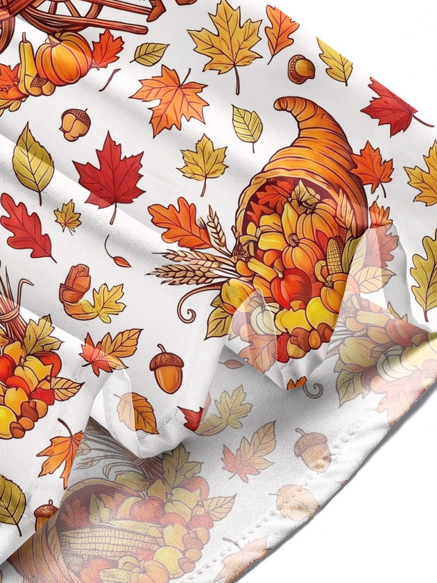 Adaychic Men's Long Sleeve Shirt - Thanksgiving Cornucopia And Harvest Cartoons Print with Chest Pocket