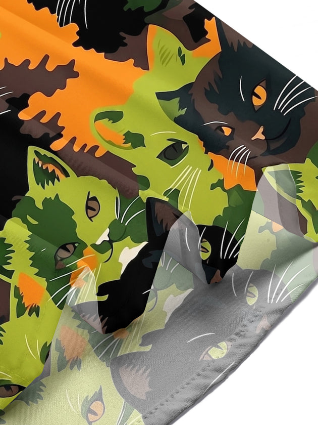 Adaychic Men's Hawaiian Cat Faces Print Camouflage Pattern Short Sleeve Shirt with Chest Pocket