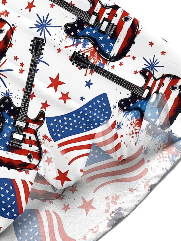 American Flag Guitar Fireworks Men's Pocket Short Sleeve Shirts