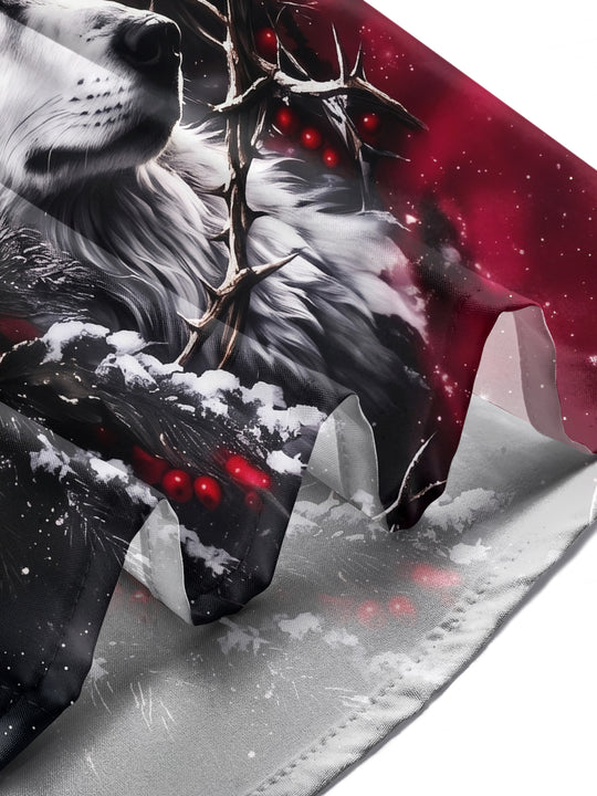 Adaychic Men's Long Sleeve Shirt - Christmas Wolf And Peace Dove With Snow And Berries Print with Chest Pocket