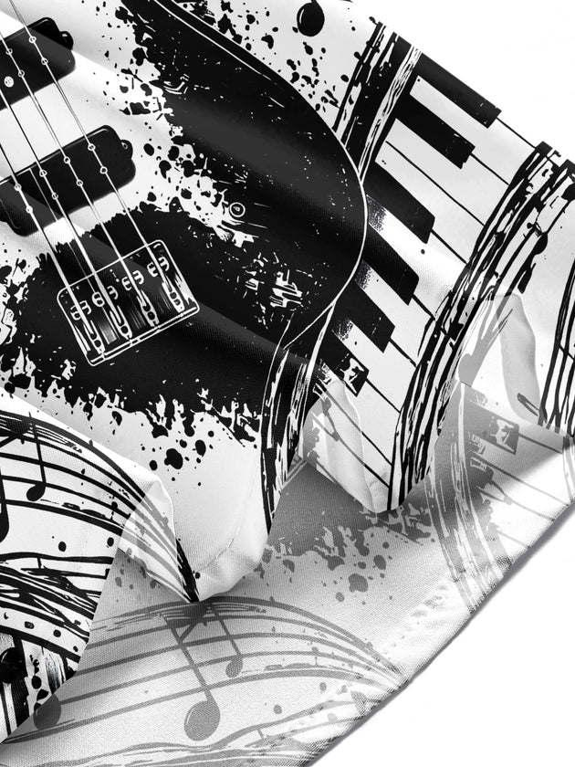 Adaychic Men's Long Sleeve Shirt - Electric Guitar And Piano Keys With Musical Notes Print with Chest Pocket