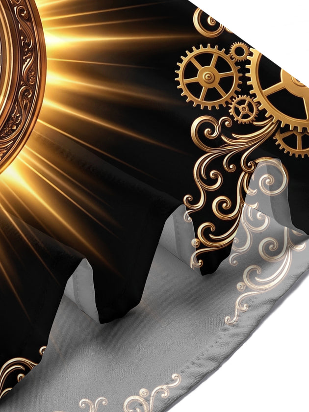 Adaychic Men's Vintage Style Golden Pocket Watch Print Short Sleeve Shirt with Chest Pocket