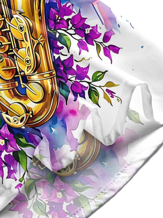 Adaychic Men's Hawaiian Saxophone And Purple Flowers Print Long Sleeve Shirt with Chest Pocket