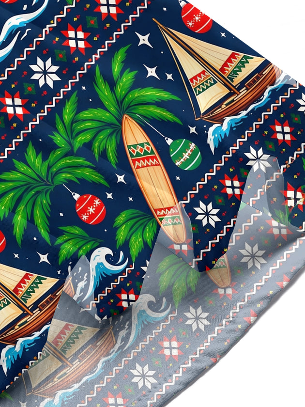Adaychic Men's Christmas Ornaments And Sailboats Print Short Sleeve Shirt with Chest Pocket