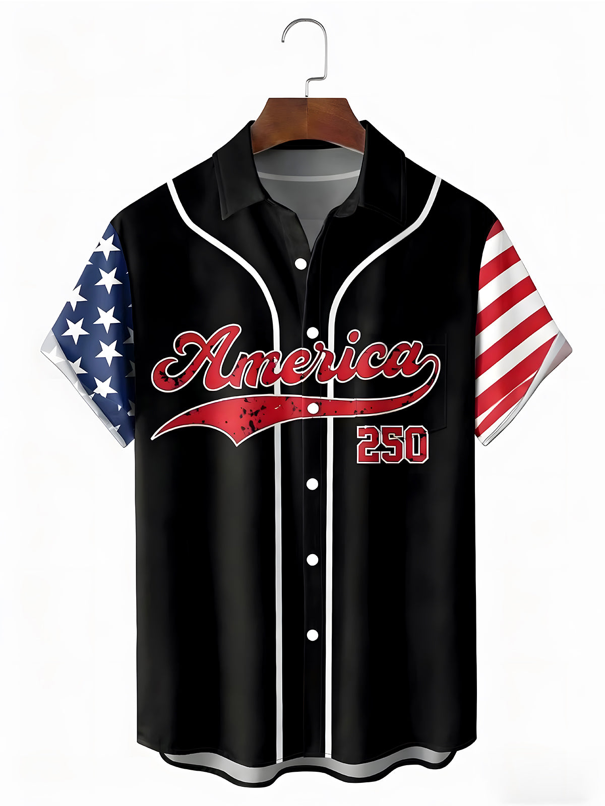 Men's red white blue American flag print Hawaiian short sleeve shirt front view for Independence Day