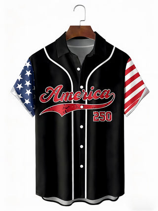 Men's red white blue American flag print Hawaiian short sleeve shirt front view for Independence Day