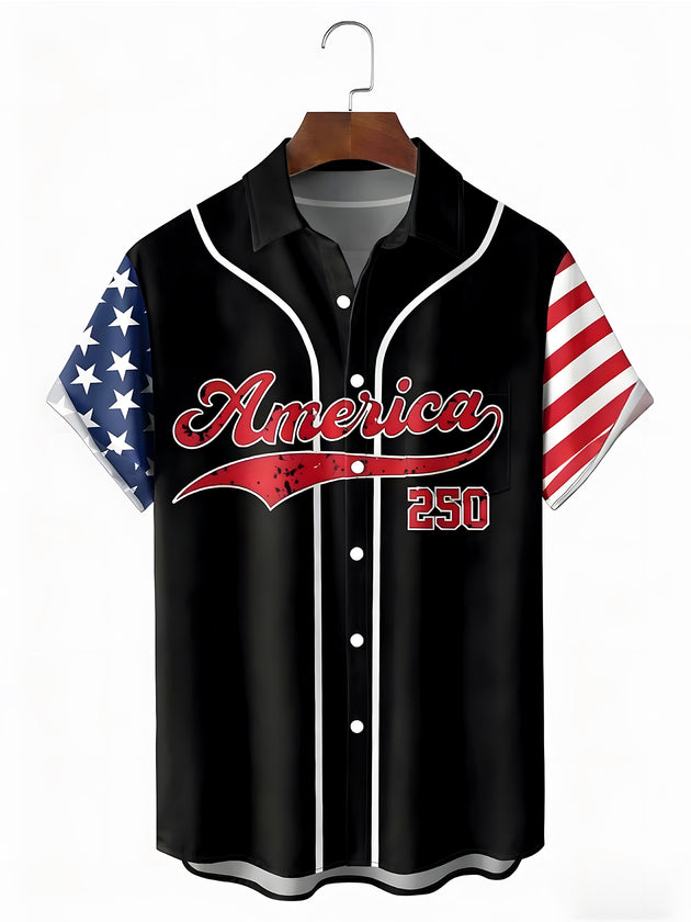 Men's red white blue American flag print Hawaiian short sleeve shirt front view for Independence Day
