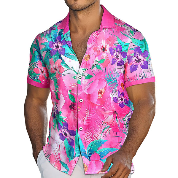 Adaychic Men's Hawaiian Pink Tropical Floral Print Short Sleeve Button Down Shirt