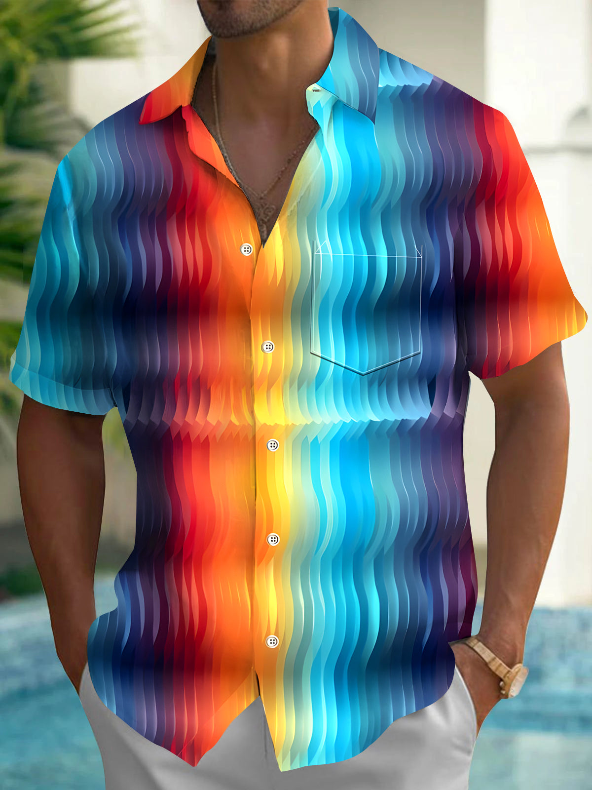 Men's blue abstract print short sleeve shirt front view