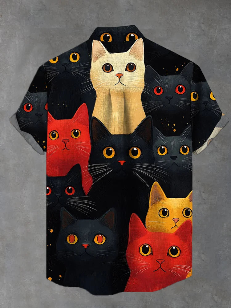 Orange Cat Among Black Cats Costume Printing Stand Collar Short Sleeve Shirts