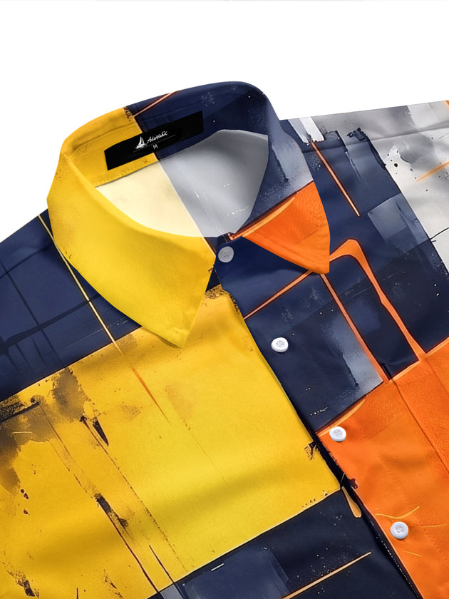 Adaychic Men's Abstract Geometric Color Block Print Short Sleeve Shirt with Chest Pocket