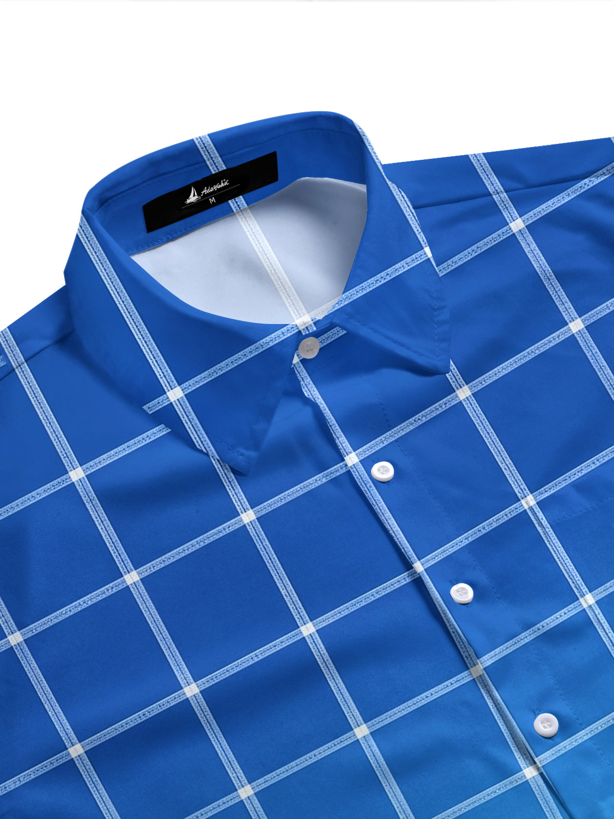 Adaychic Men's Geometric Blue Gradient Plaid Print Short Sleeve Button Down Shirt with Chest Pocket
