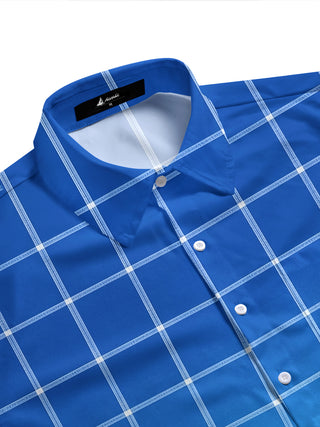 Adaychic Men's Geometric Blue Gradient Plaid Print Short Sleeve Button Down Shirt with Chest Pocket