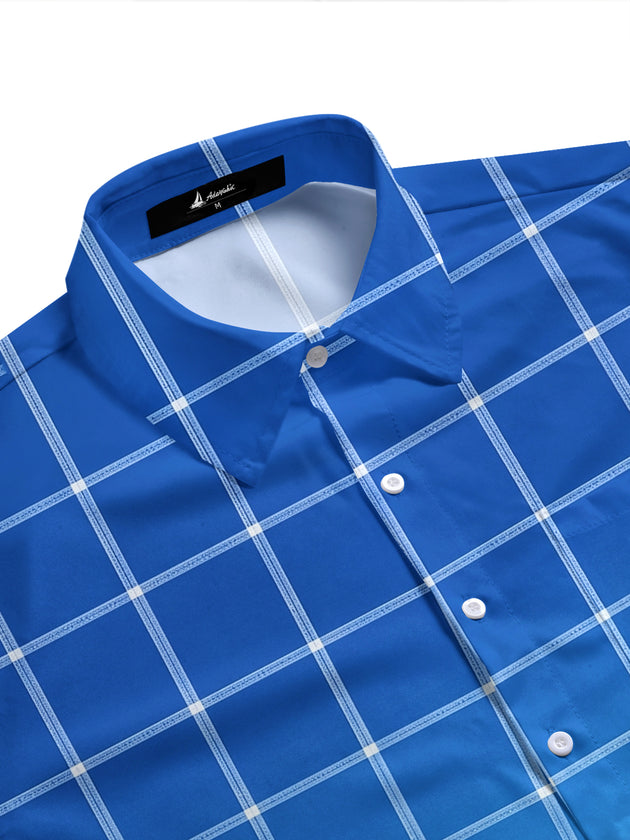 Adaychic Men's Geometric Blue Gradient Plaid Print Short Sleeve Button Down Shirt with Chest Pocket