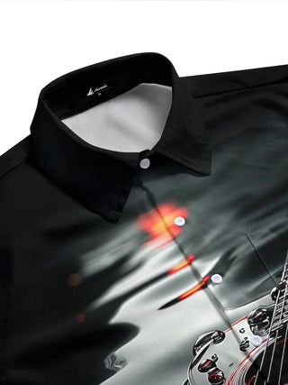 Adaychic Men's Graphic Guitar Print Short Sleeve Shirt with Chest Pocket