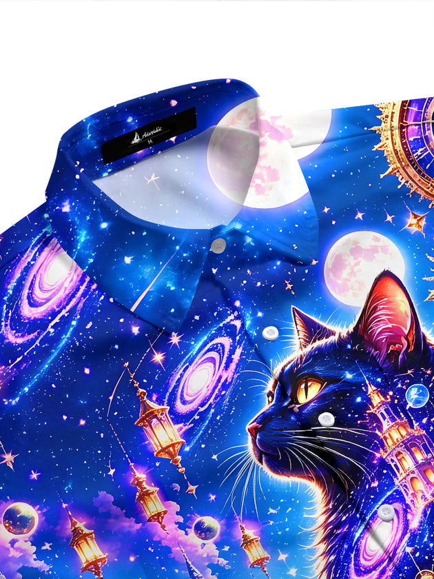 Adaychic Men's Graphic 3D Fantasy Cat Space Castle Print Short Sleeve Button Down Shirt with Chest Pocket
