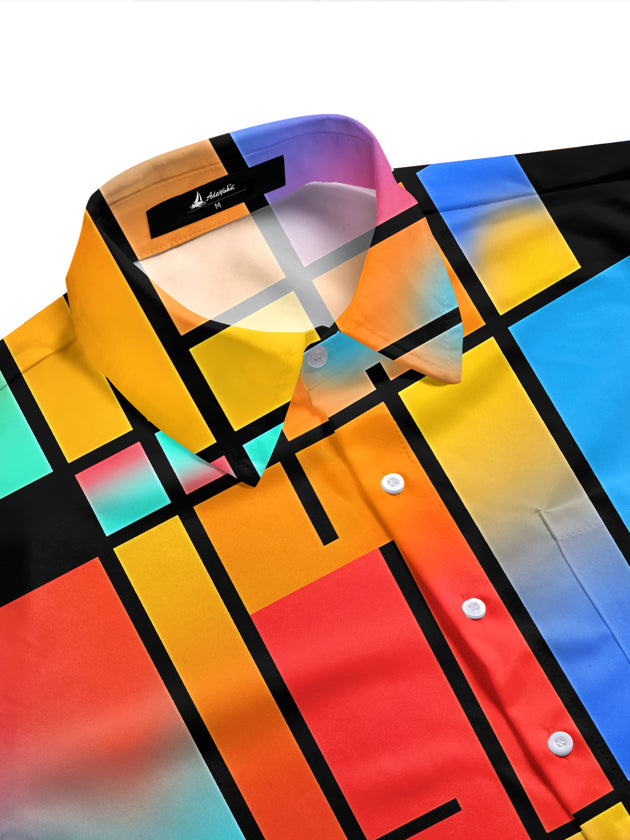 Adaychic Men's Colorful Geometric Grid Print Short Sleeve Shirt with Chest Pocket
