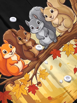 Adaychic Men's Long Sleeve Shirt - Autumn Squirrels On Branch With Leaves And Acorns Print with Chest Pocket