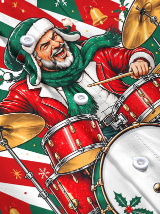 Adaychic Men's Graphic Santa Claus Playing Drum Set Print Long Sleeve Shirt with Chest Pocket