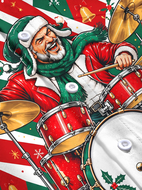 Adaychic Men's Graphic Santa Claus Playing Drum Set Print Long Sleeve Shirt with Chest Pocket