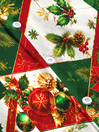 Adaychic Men's Christmas Poinsettias And Ornaments Print Long Sleeve Shirt with Chest Pocket