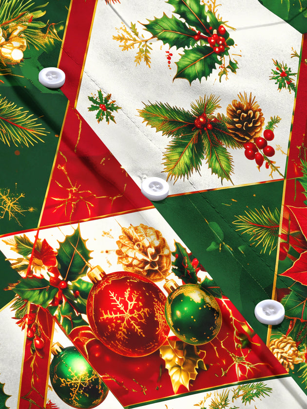 Adaychic Men's Christmas Poinsettias And Ornaments Print Long Sleeve Shirt with Chest Pocket
